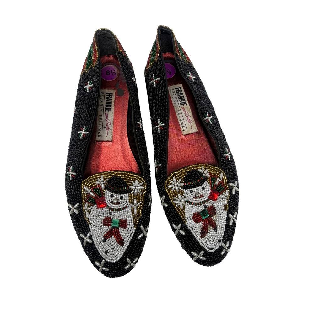Beverly Feldman Frankie and Baby Loafers Womens 8.5 Black Beaded Snowman Exc